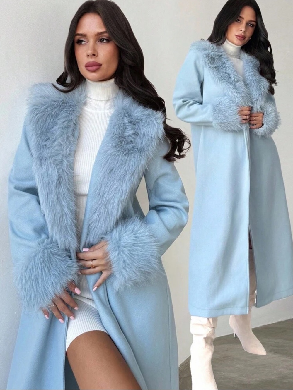 Women's Light Blue Faux Fur Trim Long Trench Coat